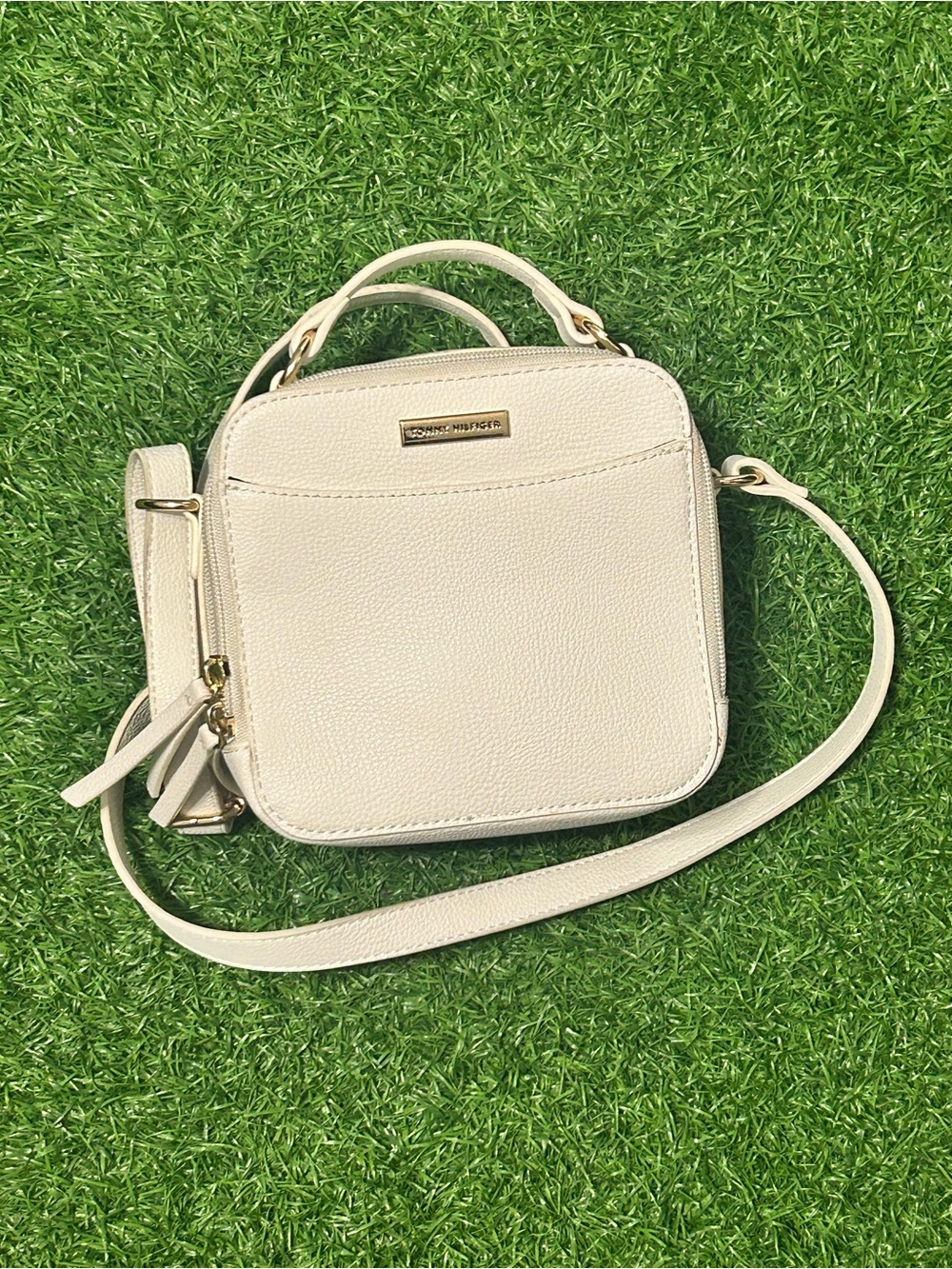 Tommy Hilfiger Cream Square Crossbody with Gold Plaque